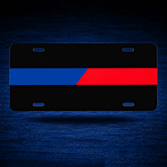 Public Safety Reflective License Plate — floating product on blue textured backdrop