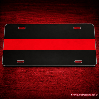 Custom reflective Red Line aluminum license plate on matching red textured backdrop