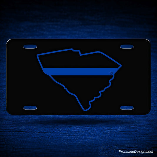 South Carolina State Blue Line License Plate — floating presentation on blue textured backdrop