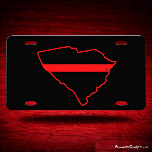 South Carolina State Red Line License Plate — floating presentation on red textured backdrop