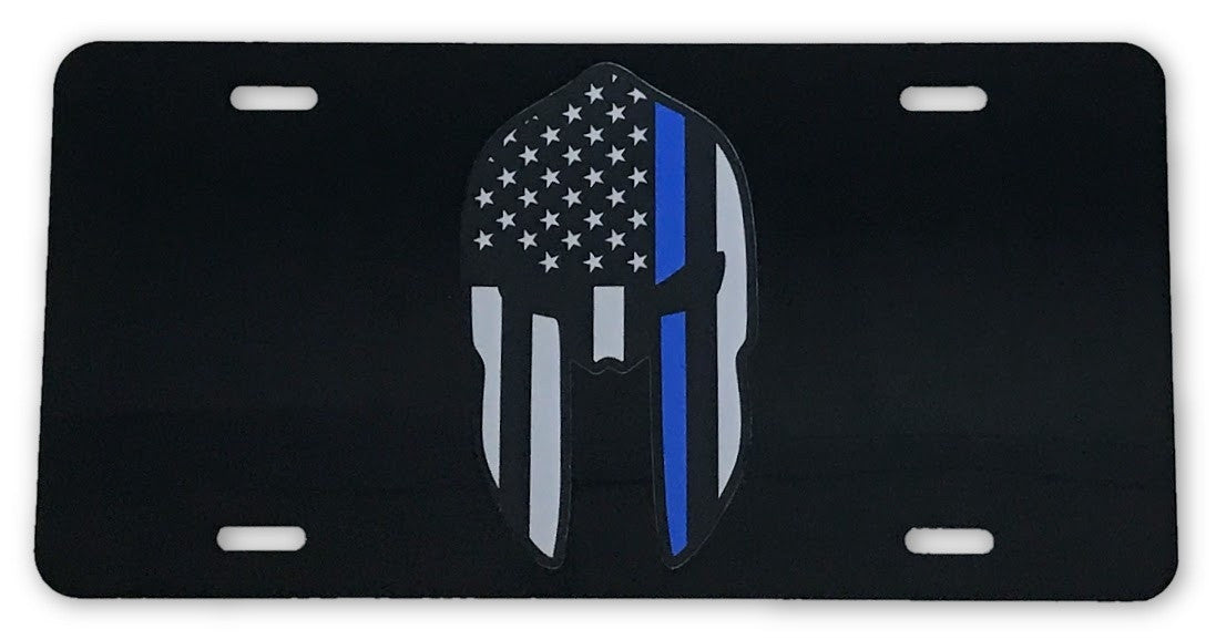 Spartan US Flag Blue Line License Plate - FrontLine Designs, LLC 