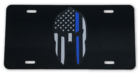 Spartan US Flag Blue Line License Plate - FrontLine Designs, LLC 